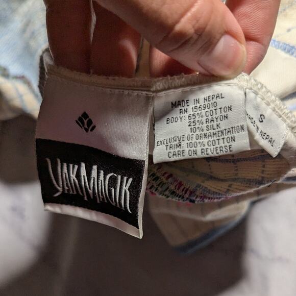 Vtg Y2K Yak Magik Blue Ivory Reversible Fringe Trim0 Blanket Woven Jacket S - Picture 5 of 5